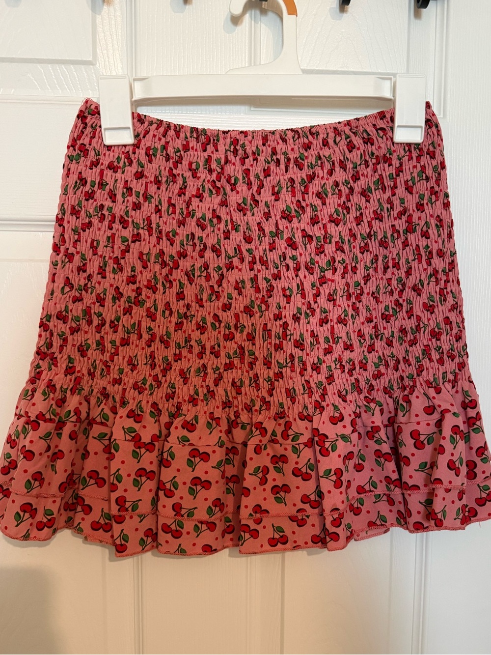 Pink Cherry Print Smocked Mini Skirt